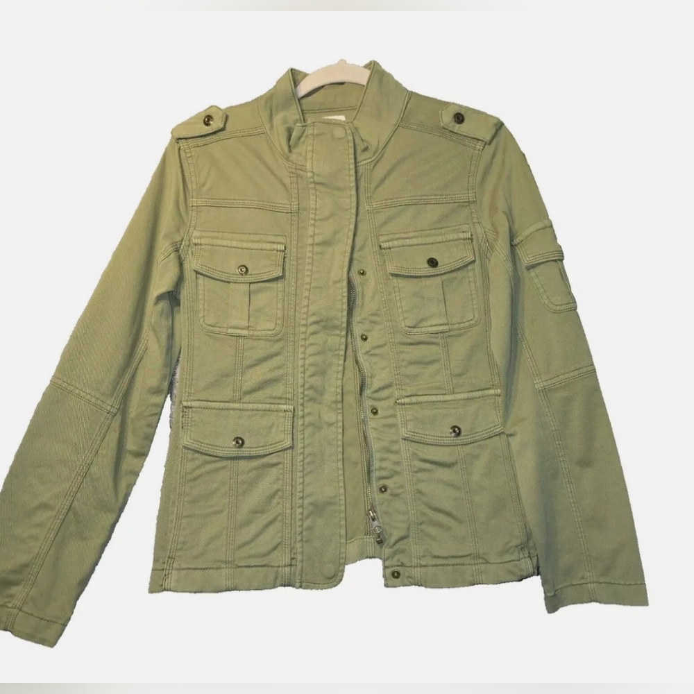 Kensie Jeans Jacket Women Medium Green Zip Up Button Up Pocket Utility Military